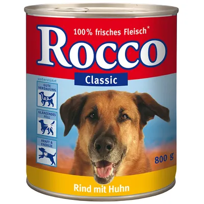 Blik Rocco Classic 800 g, tekst: 100% frisches Fleisch, Rind mit Huhn. Pictogrammen: ondersteunt goede vertering, glanzende vacht, kracht & energie. Tekst deels in het Duits.