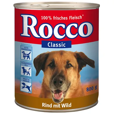 Rocco Classic 100% frisches Fleisch, rund blik van 800 g, Rind mit Wild. Pictogrammen: ondersteunt goede vertering, glanzende vacht, kracht & energie.