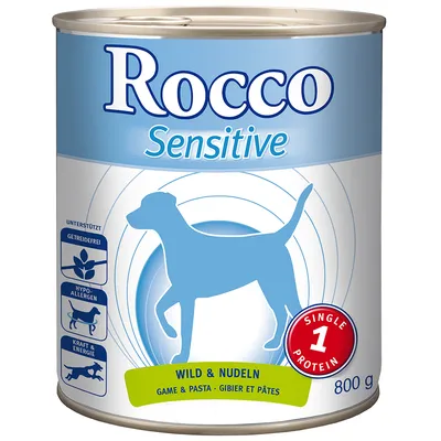 Rocco Sensitive hondenvoer, Wild & Nudeln, 800 g. Getreidefrei, hypoallergeen, kracht & energie, single protein. Tekst in Duits en Frans: Game & Pasta, Gibier et Pâtes.