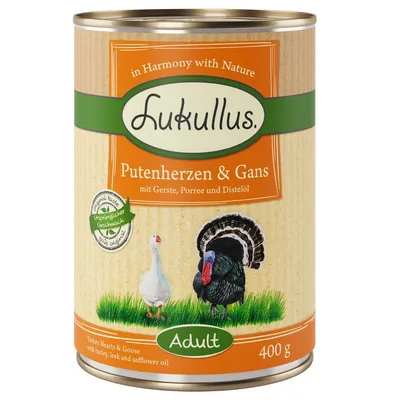 Lukullus Putenherzen & Gans, con orzo, porro e olio di cartamo. Adult. 400 g. Testo in tedesco e inglese sull'etichetta.