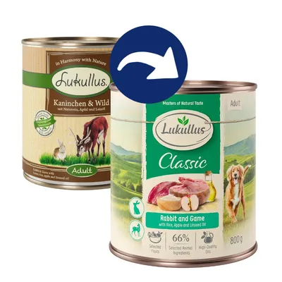 Lukullus Kaninchen & Wild mit Naturreis, Apfel und Leinöl. Lukullus Classic Rabbit and Game mit Reis, Apfel und Leinöl, 800g Dose für Erwachsene. 66% tierische Zutaten, hochwertige Öle.