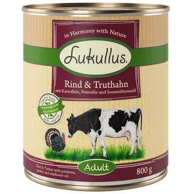 Lukullus manzo e tacchino con patate, prezzemolo e olio di girasole. Adulto. Lattina da 800g. Gusto originale, Original taste.
