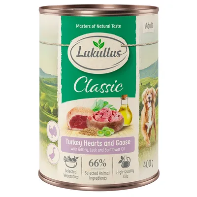 Lukullus Classic Adult, pulykaszív és liba árpával, póréhagymával és napraforgóolajjal, 66% állati összetevő, válogatott zöldségek, minőségi olajok, 400g.
