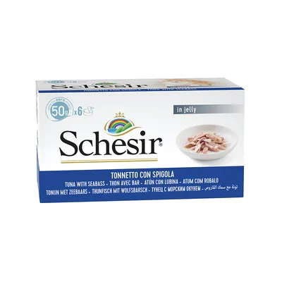 Schesir Thon avec bar, 6 x 50 g, en gelée. Texte visible : Tonnette con spigola, in jelly, thon avec bar, tuna with seabass. Image d’un bol de morceaux de poisson.