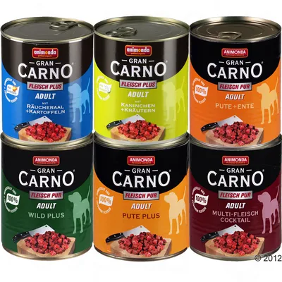 Шест консерви Animonda Gran Carno за кучета: Fleisch Plus Adult с пушена риба и картофи, сек. с билки, пуйка и патица, Wild Plus, Pute Plus, Multi-Fleisch Cocktail. Видими етикети на немски.