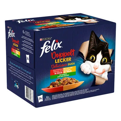 Opakowanie Felix Doppelt Lecker Délicieux Duos, 24x saszetki, Purina. Widoczny talerz karmy w galarecie z warzywami oraz grafika kota. Tekst na opakowaniu w języku niemieckim i francuskim.
