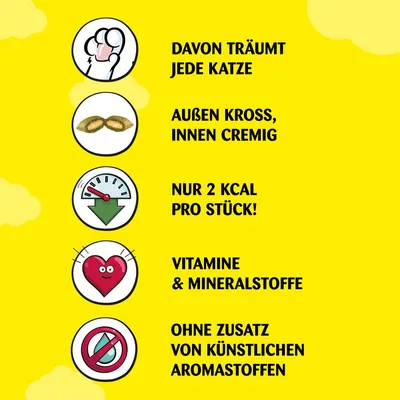 Текст на немецком: DAVON TRÄUMT JEDE KATZE, AUSSEN KROSS, INNEN CREMIG, NUR 2 KCAL PRO STÜCK!, VITAMINE & MINERALSTOFFE, OHNE ZUSATZ VON KÜNSTLICHEN AROMASTOFFEN.