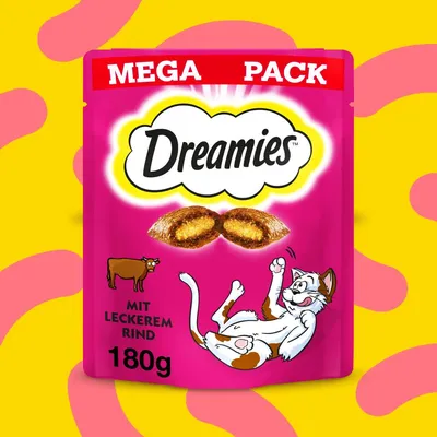 Dreamies Mega Pack z okusno govedino, 180g. Embalaža prikazuje igrivo mačko in simbol za govedino.