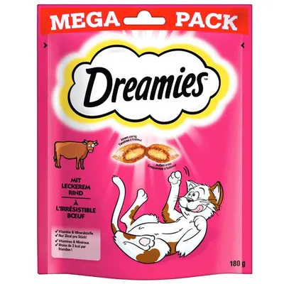 Dreamies MEGA PACK, 180 g, przysmak dla kotów z wołowiną. Widoczne ilustracje kota i krowy oraz tekst: witaminy i minerały, mniej niż 2 kcal na sztukę. Opakowanie różowe.