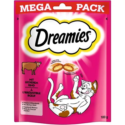 Dreamies Mega Pack cu vită delicioasă, interior cremos, exterior crocant. Conține vitamine și minerale, sub 2 kcal pe bucată. 180 g.