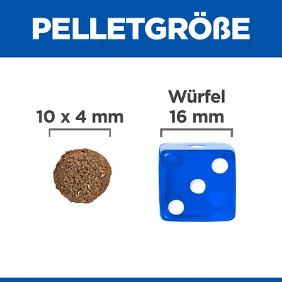 Pelletgrösse: Pellet mit 10 x 4 mm im Vergleich zu einem Würfel mit 16 mm Grösse.