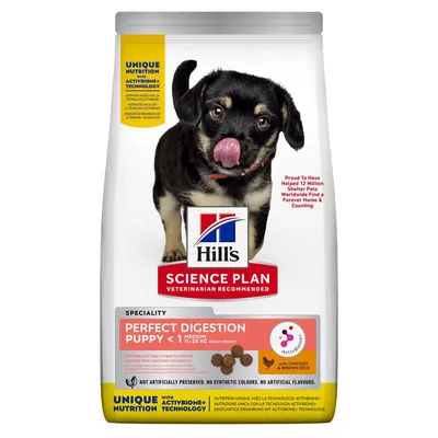 Hill's Science Plan Perfect Digestion Puppy <11kg Medium, cu pui și orez brun. Susține digestia cu tehnologia ActivBiome+. Fără coloranți sau arome artificiale.