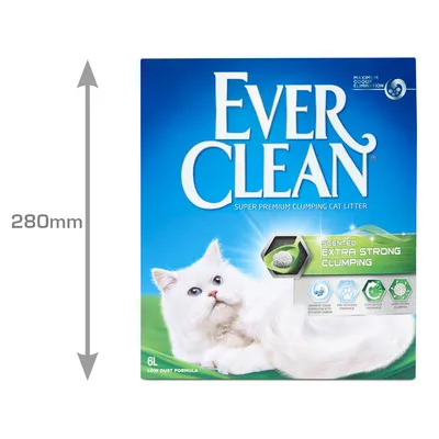 Cutie Ever Clean Super Premium Clumping Cat Litter, 6L, Scented Extra Strong Clumping, înălțime 280 mm, text vizibil: Maximum Odour Elimination, Low Dust Formula, pictograme informative.