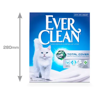 Caja de arena aglomerante para gatos Ever Clean Total Cover, 6L, fórmula baja en polvo. Texto visible: lasts 20% longer, seals up to 99% of solid & liquid waste. Altura del envase: 280 mm.