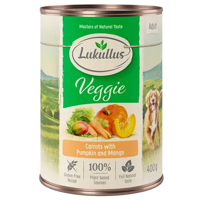 Lukullus Veggie Adult, sárgarépa tökkel és mangóval, gluténmentes receptúra, 100% növényi összetevők, természetes íz, 400g konzerv.