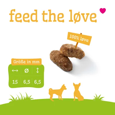 feed the løve, 100% løve. Größe in mm: Länge 15, Durchmesser 6,5, Höhe 6,5. Zwei braune Stücke Futter abgebildet. feed the løve, 100% løve. Größe in mm: Länge 15, Durchmesser 6,5, Höhe 6,5. Zwei braune Stücke Futter abgebildet.