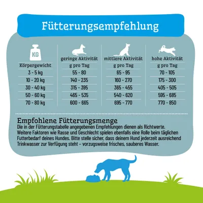 Fütterungsempfehlung nach Körpergewicht und Aktivität: Tabelle mit Gramm pro Tag für geringe, mittlere und hohe Aktivität. Hinweis auf ausreichendes Trinkwasser und individuelle Faktoren. Fütterungsempfehlung nach Körpergewicht und Aktivität: Tabelle mit Gramm pro Tag für geringe, mittlere und hohe Aktivität. Hinweis auf ausreichendes Trinkwasser und individuelle Faktoren.