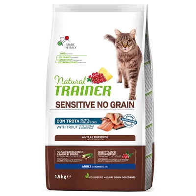 Natural Trainer Sensitive No Grain krmivo pro kočky s pstruhem, bramborami, hráškem a cizrnou. Vyrobeno v Itálii, bez barviv, konzervantů a přidaného cukru. 1,5 kg.