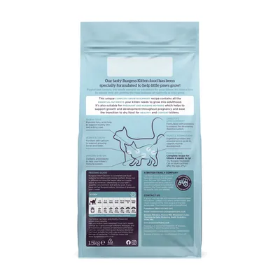 Back of kitten food bag showing feeding guide, nutritional benefits for skin, coat, bones, teeth, immune system, digestion, muscle formation, and contact information.