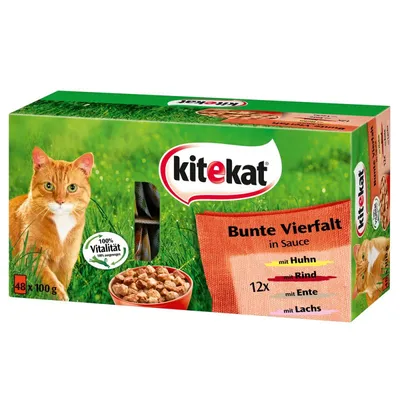 Embalagem de comida húmida para gatos Kitekat, 48 x 100 g. Texto visível: 'Bunte Vielfalt in Sauce', sabores: frango, vaca, pato, salmão. Selo '100% Vitalität'.