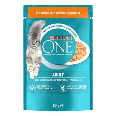Purina ONE Adult karma dla kotów, z kurczakiem i zieloną fasolką, wspiera mikrobiom jelitowy, witalność kota oraz kości, mięśnie i stawy. Wielkość opakowania: 85 g.