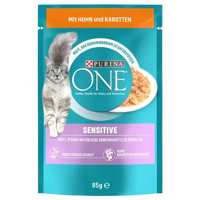 Purina ONE Sensitive hrană pentru pisici, cu pui și morcovi, 85g. Susține microbiomul intestinal, digestibilitate ridicată, absorbție mare de nutrienți.