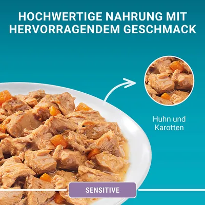 Texte en allemand : Hochwertige Nahrung mit hervorragendem Geschmack. Huhn und Karotten. SENSITIVE.