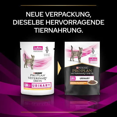 Purina Pro Plan Veterinary Diets UR Urinary Katzenfutter. Neue Verpackung, dieselbe hervorragende Tiernahrung. ISFM zertifiziert für veterinärmedizinische Ernährung.