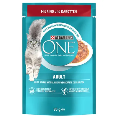 Purina ONE Adult, 85 g, mit Rind und Karotten. Texte visibles en allemand : aide le microbiome intestinal, soutient la vitalité du chat, les os, muscles et articulations.