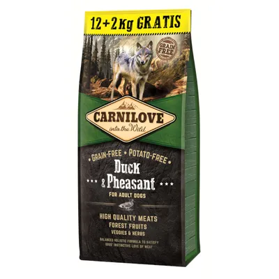 Carnilove Duck & Pheasant для взрослых собак, без зерна и картофеля. 12+2 кг бесплатно. Качественное мясо, лесные ягоды, овощи и травы.