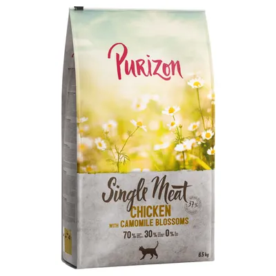 Purizon Single Meat Chicken с цветками ромашки, 70% мясо, 30% овощи, 0% зерно, 6,5 кг. На упаковке изображены цветки ромашки и символ кошки.