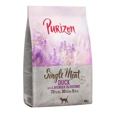Purizon Single Meat Duck with Lavender Blossoms kattefoder, 70 % animalske ingredienser, 30 % planteingredienser, 0 % korn, 400 g pose