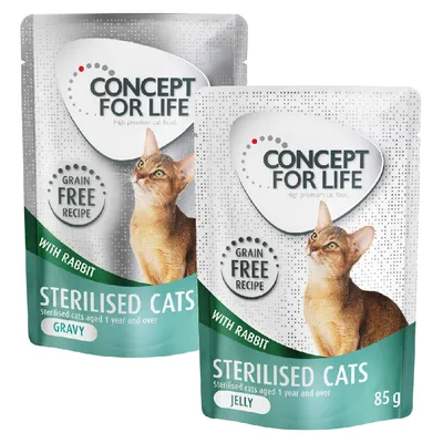 Concept for Life Sterilised Cats mit Kaninchen, getreidefreie Rezeptur, Varianten Gravy und Jelly, 85g für sterilisierte Katzen ab 1 Jahr.