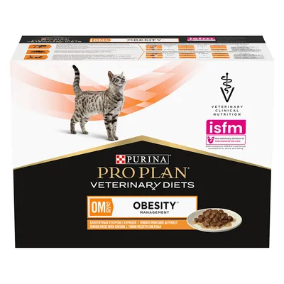 Purina Pro Plan Veterinary Diets OM Obesity Management -kissanruoka, annospalat kanalla. ISFM-merkintä pakkauksessa.