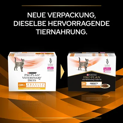 Comparaison de deux emballages Purina Pro Plan Veterinary Diets OM Obesity Management pour chat, texte en allemand : Neue Verpackung, dieselbe hervorragende Tiernahrung.