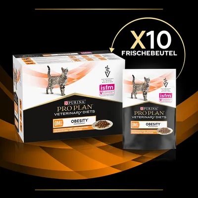 Purina Pro Plan Veterinary Diets OM Obesity Management pour chat, boîte et sachet, texte isfm, X10 Frischebeutel visible sur l’image.