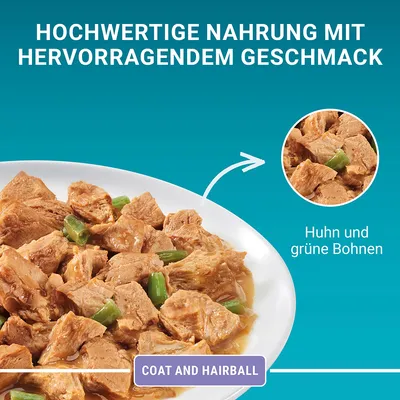 Texte en allemand : HOCHWERTIGE NAHRUNG MIT HERVORRAGENDEM GESCHMACK. Ingrédients visibles : morceaux de poulet et haricots verts. Texte anglais : COAT AND HAIRBALL.