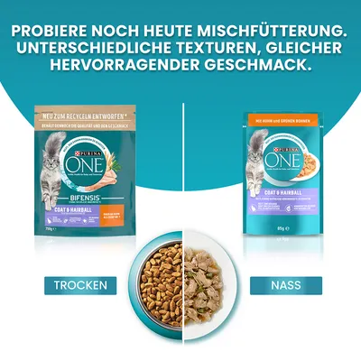 Purina ONE Coat & Hairball pour chat, croquettes sèches 750 g à gauche, sachet humide 85 g à droite, texte en allemand sur l’image. Bols montrant aliments secs et humides. Texte : TROCKEN, NASS.