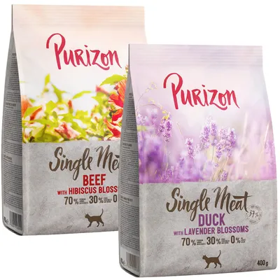 Purizon Single Meat Trockenfutter für Katzen, Sorten: Rind mit Hibiskusblüten und Ente mit Lavendelblüten. Proteinanteil 70%, Gemüseanteil 30%, ohne Getreide. Packungsgrösse 400g.