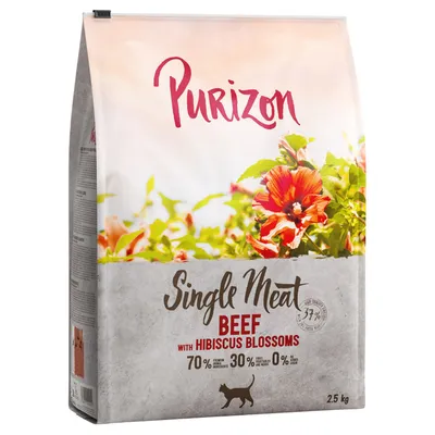 Purizon Single Meat Beef mit Hibiskusblüten, 70% tierische Zutaten, 30% Obst und Gemüse, 0% Getreide. Trockenfutter für Katzen, Packungsgrösse 2,5 kg.