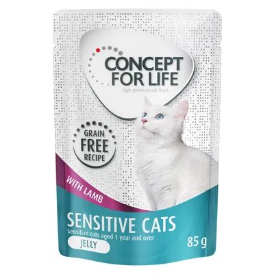 Concept for Life Sensitive Cats, recette sans céréales, avec agneau, pour chats sensibles dès 1 an, jelly, 85 g. Texte en anglais visible sur l’emballage.