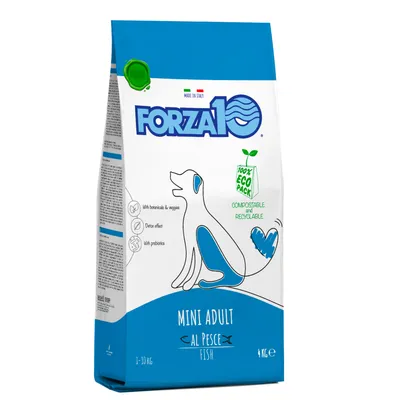 Forza10 Mini Adult al Pesce Fish, 4 kg, ambalaj compostabil și reciclabil, pentru câini 1–10 kg. Text vizibil: with botanicals & veggies, detox effect, with prebiotics, 100% eco pack.