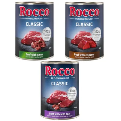 Rocco Classic comida húmeda, variedades: ternera con ciervo, ternera con reno, ternera con jabalí. 100% ingredientes frescos, sin cereales, latas de 400g.