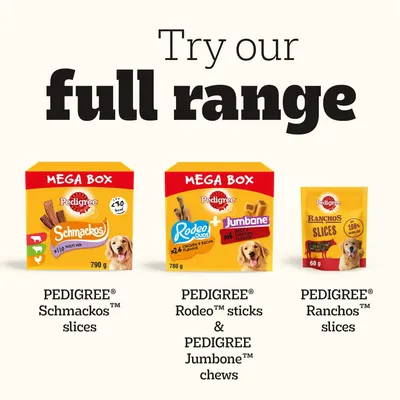 Pedigree full range: Schmackos slices 790g, Rodeo sticks and Jumbone chews 780g, Ranchos slices 60g. Mega box options shown. Try our full range.