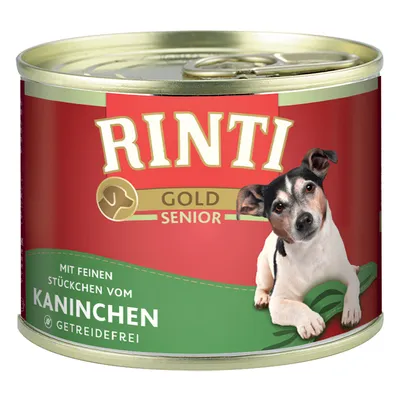 Konzerva Rinti Gold Senior, nápisy: Mit feinen Stückchen vom Kaninchen, getreidefrei. Na obalu je vyobrazen pes.