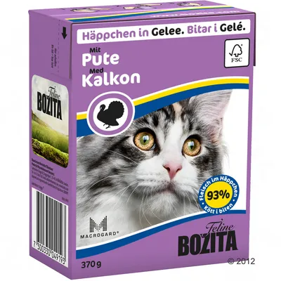 Feline Bozita, 370 g, kúsky v želé s morčacím mäsom, 93 % mäsa v kúskoch, obrázok mačky na obale, FSC certifikát, text v nemčine a švédčine.