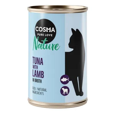 Boîte Cosma Pure Love Nature, texte visible : Tuna with Lamb in Broth, 100% natural ingredients, silhouette de chat, icônes thon et agneau.
