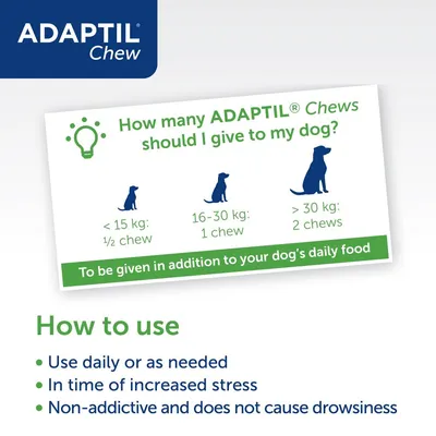 Dosage guide: under 15kg, half chew; 16-30kg, one chew; over 30kg, two chews. Use daily or as needed, during stress. Non-addictive and does not cause drowsiness.