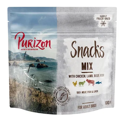 Purizon Snacks Mix kanaa, lammasta, nautaa, kalaa. 100 % lihaa, kalaa ja maksaa. Hellävaraisesti pakastekuivattu. 0 % viljaa. Aikuisille koirille. 100 g.