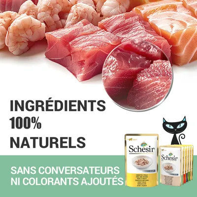 Schesir, ingrédients 100 % naturels. Sans conservateurs ni colorants ajoutés. Sachets de nourriture pour chat visibles avec morceaux de poisson et crevettes.